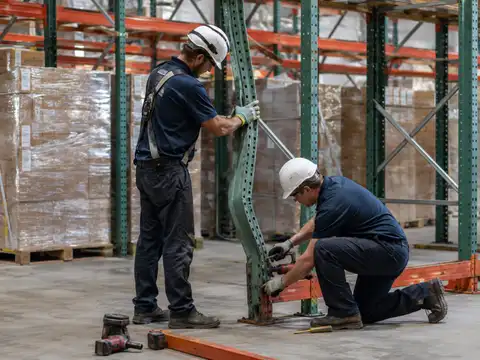 Technicians repairing a damaged pallet rack upright inside a warehouse