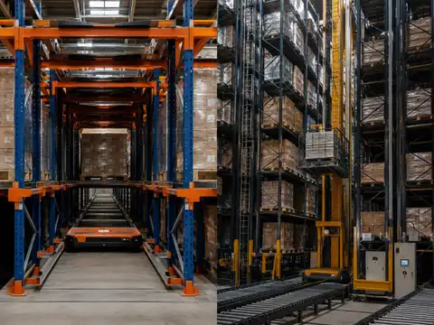 Pallet shuttle storage system compared with a high-bay automated storage and retrieval system