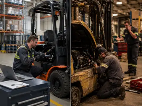 Preventive forklift maintenance compared with emergency reactive repair inside an industrial workshop