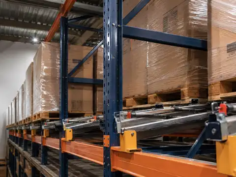 Push-back pallet racking with multi-deep pallet rails and carts