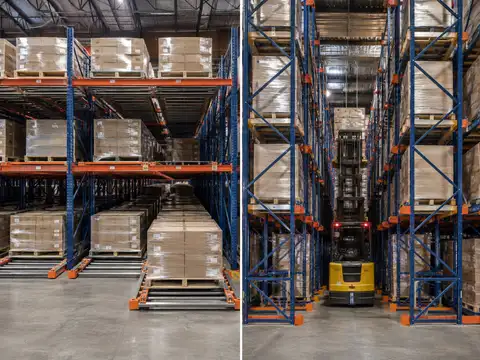 Push-back pallet racking compared with drive-in pallet racking in a warehouse