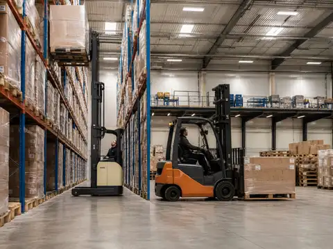 Reach truck in a narrow rack aisle compared with a counterbalance forklift