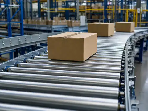 Industrial roller conveyor carrying cardboard boxes through a warehouse