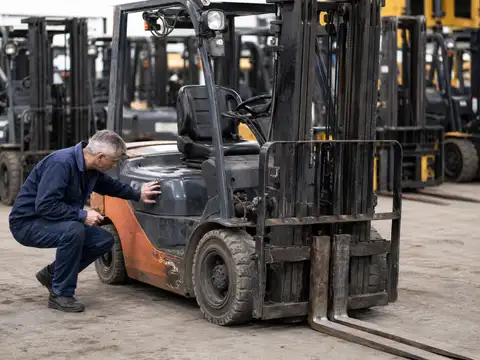 Technician inspecting a used forklift before purchase