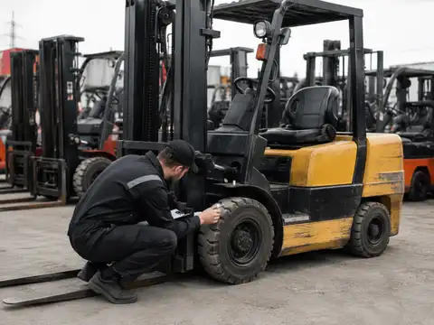 Technician inspecting a used forklift before the purchase of material handling equipment