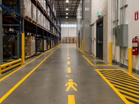 Warehouse aisle with clearly marked pedestrian routes, equipment clearances and industrial floor safety markings
