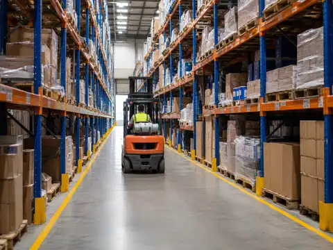 Forklift traveling through a warehouse aisle between pallet racks, illustrating aisle width planning