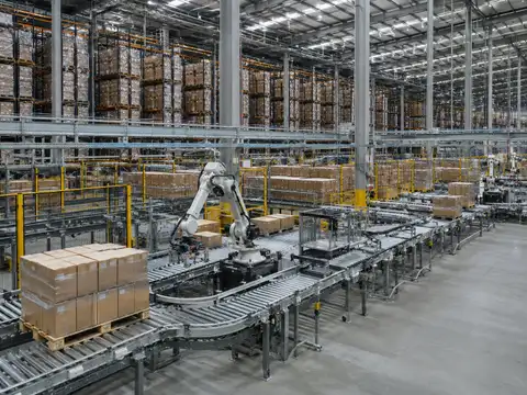 Highly automated warehouse with conveyors, robotic handling equipment and pallet storage