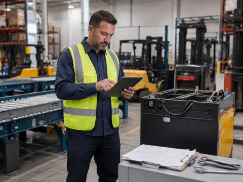 Warehouse maintenance manager reviewing equipment service records beside forklifts and material handling equipment