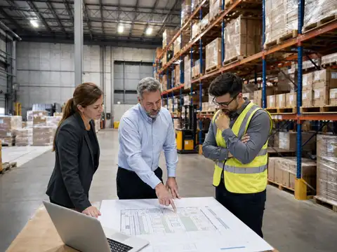 Warehouse planning team reviewing a facility layout to compare expansion with internal space optimization
