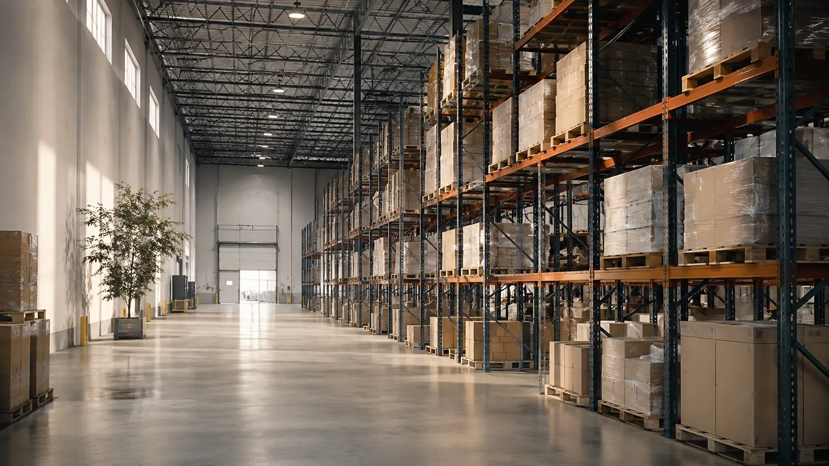 Modern warehouse with pallet racking and open material handling space