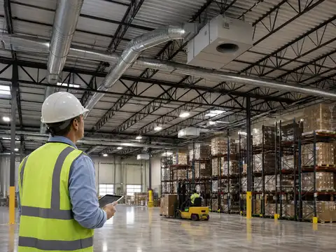 Warehouse manager inspecting HVAC ductwork and overhead air handling equipment inside an operating distribution facility
