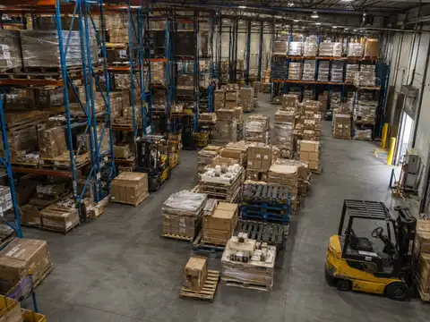 Congested warehouse storage layout with blocked floor space and inefficient pallet placement