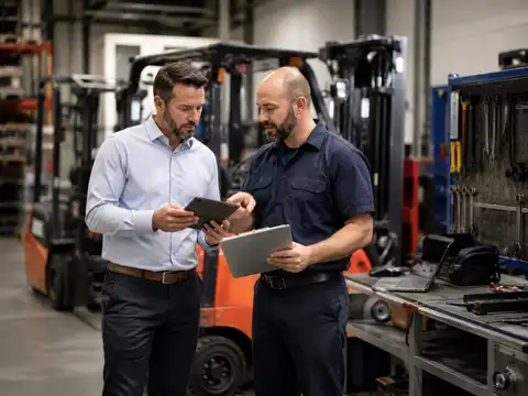 Warehouse manager and service technician reviewing a material handling equipment maintenance contract