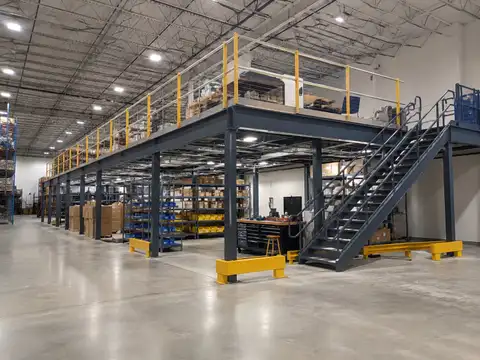 Large structural steel warehouse mezzanine providing a second level of usable storage space