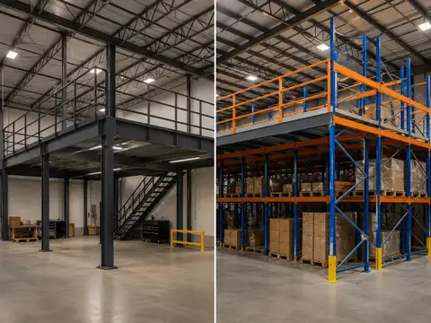 Busy warehouse operating on two levels beneath and above a storage mezzanine