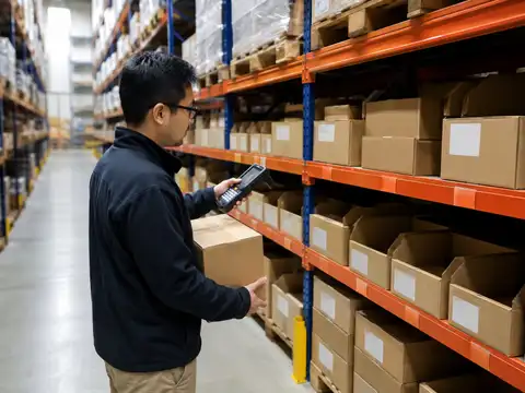 Warehouse worker scanning inventory at organized picking locations during a slotting operation