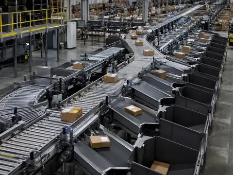Automated warehouse sortation system routing cartons through multiple conveyor lanes