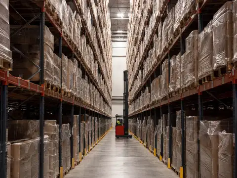 Dense high-bay warehouse storage with narrow aisles and pallet racking